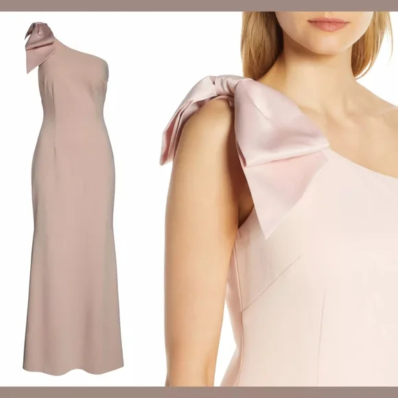 Eliza J One-Shoulder Satin Bow Blush Pink Evening Formal Dress Maxi Gown- 12 - Picture 2 of 16